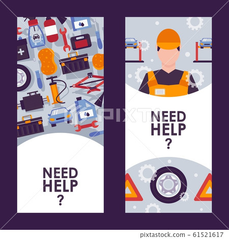 Car service advertisement banners, vector illustration. Professional help with car maintenance, auto service symbols in flat style. Vehicle repair equipment 61521617