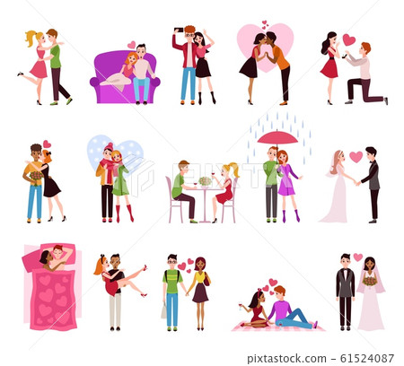 Hugging couple in love. Llifestyle of happy romantic couples, loving persons in restaurant and raining isolated vector set 61524087