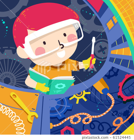 Kid Boy Book Repair Machine Illustration Kid Boy Book Repair Machine Illustration 61524445