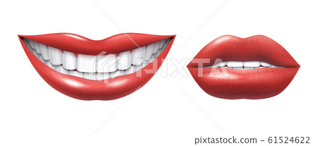 Realistic smile. Woman laughing mouth with white teeth and lips, oral healthcare and make up model. Vector human smile 61524622