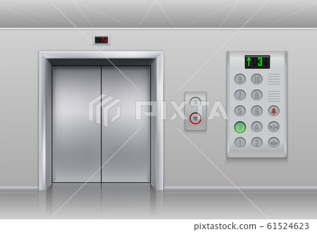 Elevator doors and buttons. Realistic cargo and passenger lift with metal doors, stainless steel buttons and floor indicator. Vector set Elevator doors and buttons. Realistic cargo and passenger lift with metal doors, stainless steel buttons and floor indicator. Vector set 61524623