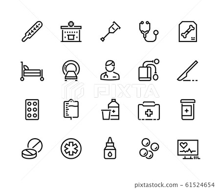 Medical line icons. Healthcare and insurance, prescription and different pills, pharmacy drugs symbols. Vector clinic equipment set 61524654