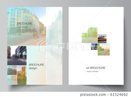 Vector layout of A4 cover mockups design templates for brochure, flyer layout, booklet, cover design, book design, brochure cover. Abstract project with clipping mask green squares for your photo. 61524692