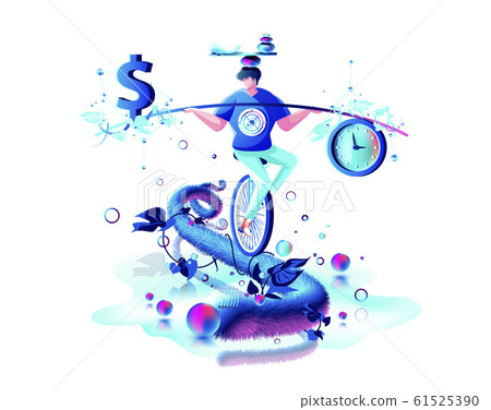 inner balance in hand harmony between money dollar sign and time clock man circus performer riding unicycle rope management 61525390