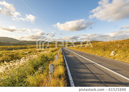 Mine City, Yamaguchi Prefecture Akiyoshidai, illuminated by the setting sun, and the karst road running through it (autumn image) 61525898