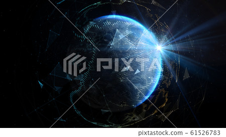 The sun's rays over earth in outer space. Global world network and telecommunication on earth. Elements of this image furnished by NASA - 3d illustration 61526783