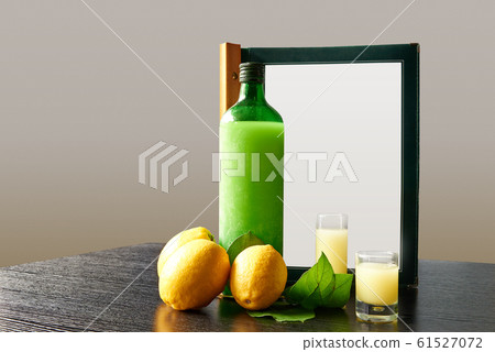 Bottle of lemoncello with glasses and order menu Bottle of lemoncello with glasses and order menu 61527072