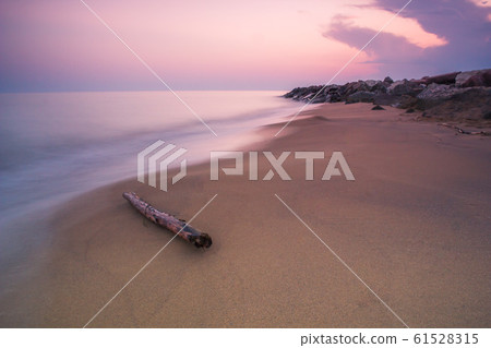 Wood branch on a sandy beach on twilight sunset time. Long Exposure Photography - rocks and sea in the background. Wood branch on a sandy beach on twilight sunset time. Long Exposure Photography - rocks and sea in the background. 61528315