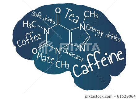 Blue human brain with white inscription caffeine and names of caffeinated drinks. Template for 61529064