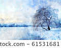 Winter landscape with a lake and a tree in frost. 61531681