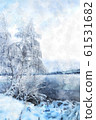 Winter landscape with a lake and a tree in frost. 61531682