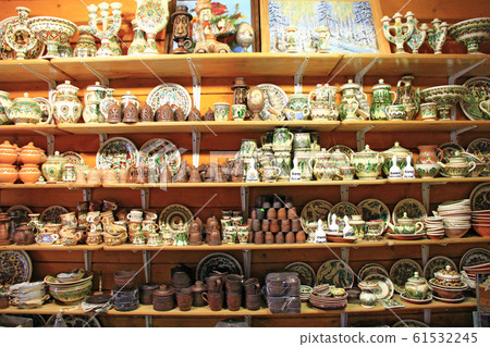 Products of ceramics on sale in shop. Handicraft 61532245