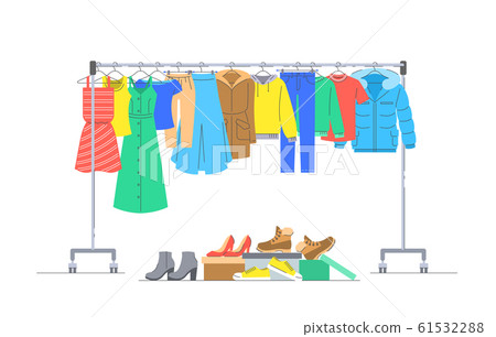 Clothes on hanger rack and shoes in boxes Clothes on hanger rack and shoes in boxes 61532288