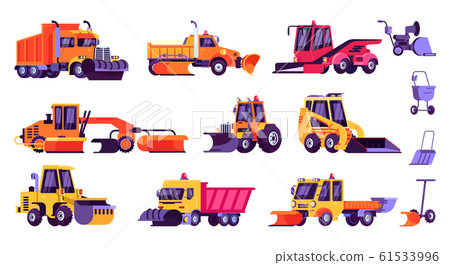 Snow machines, snow removal cleaning cars and equipment vector illustration isolated set. Snow machines, snow removal cleaning cars and equipment vector illustration isolated set. 61533996