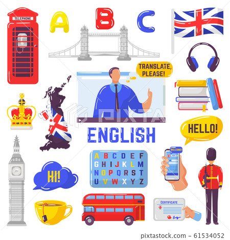 Learning English, tourism to Great Britain, London landmarks vector illustration isolated. 61534052