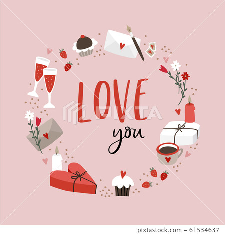 Valentines day or wedding greeting card, party invitation. Hand drawn wine glasses, letters, gift boxes and hearts. Love you text. Festive food, drink. Isolated vector illustrations, pink background. Valentines day or wedding greeting card, party invitation. Hand drawn wine glasses, letters, gift boxes and hearts. Love you text. Festive food, drink. Isolated vector illustrations, pink background. 61534637