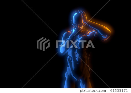 Sick man with pain, headache, migraine, stress, insomnia, hangover in hand holding head in 3D illustration front view isolated on black background. medium shot Sick man with pain, headache, migraine, stress, insomnia, hangover in hand holding head in 3D illustration front view isolated on black background. medium shot 61535171