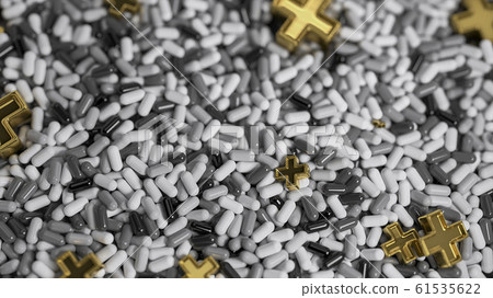 Heap of medicine tablets. Background made from pills or capsules in white and gray colors with medical sign in shape of cross made by gold. 3d illustration 61535622