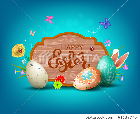 Light blue Easter composition with a frame with a tree silhouette, eggs of various colors, rabbit ears and butterflies 61535779