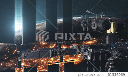 ISS with solar panel rotate over Earth atmosphere ISS with solar panel rotate over Earth atmosphere 61536069