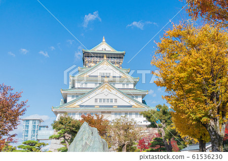 大阪城城堡塔樓與秋天的落葉在美好的秋天照耀 61536230