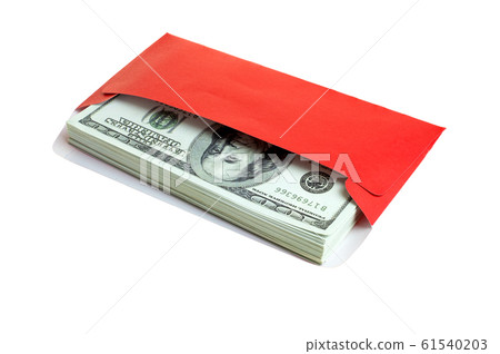Money 100 Us dollar bills in a red envelope at white background, The concept Ang Pao or Chin Sok of Chinese New Year100, 61540203