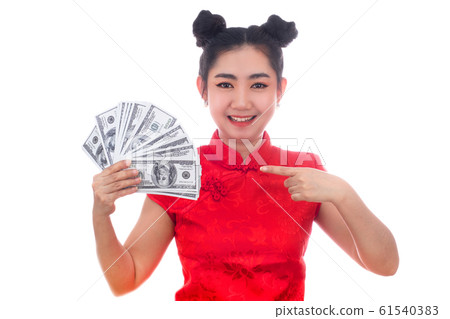 Portrait Asian woman red dress traditional cheongsam holding Money 100 Us dollar bills, China Girl, Concept Chinese New Year 61540383