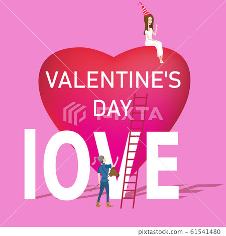 Beautiful Princess and Prince romantic scene Valentines day. Big Heart stairs Prince with crown with sword and Princess on top heart. Vector illustration isolated Beautiful Princess and Prince romantic scene Valentines day. Big Heart stairs Prince with crown with sword and Princess on top heart. Vector illustration isolated 61541480