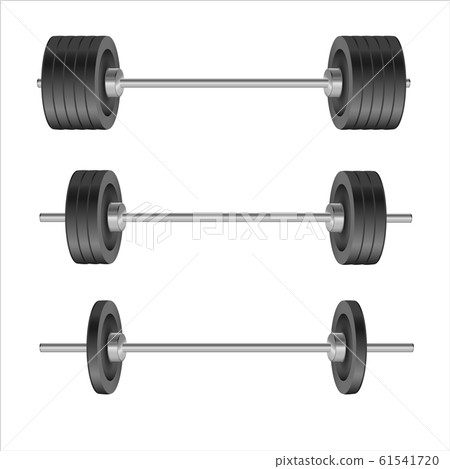 Barbells set of with different weights. Weightlifting equipment. Vector illustration in flat style isolated on white background.Vector realistic object Illustration 10 EPS Barbells set of with different weights. Weightlifting equipment. Vector illustration in flat style isolated on white background.Vector realistic object Illustration 10 EPS 61541720