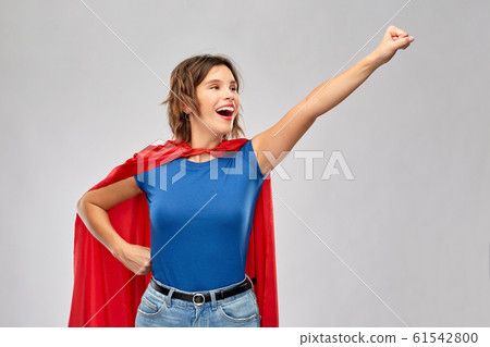 happy woman in red superhero cape happy woman in red superhero cape 61542800