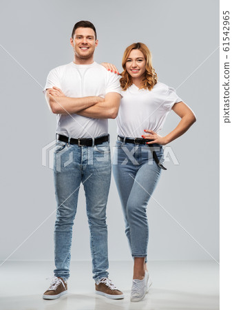 portrait of happy couple in white t-shirts 61542965