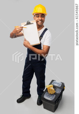 builder in helmet with clipboard and tool box builder in helmet with clipboard and tool box 61545667