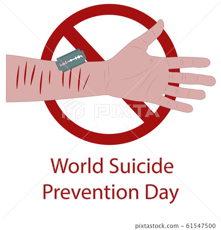 white man's hand with bleeding cuts and a blade. 61547500