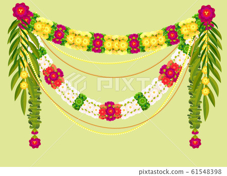 Mala traditional Indian decoration garland of flowers and mango leaves 61548398