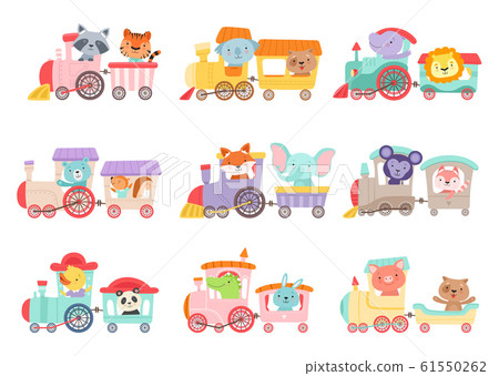 Cheerful African and Forest Animals Riding on Toy Train Vector Illustrations Set 61550262