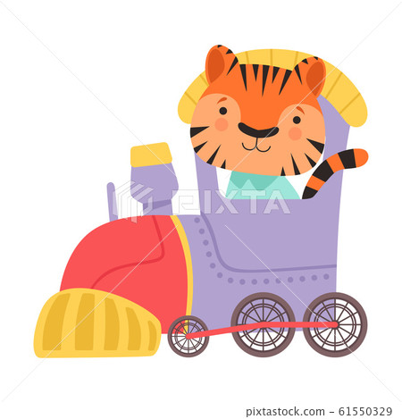 Funny Striped Tiger Riding on Train Vector Illustration 61550329