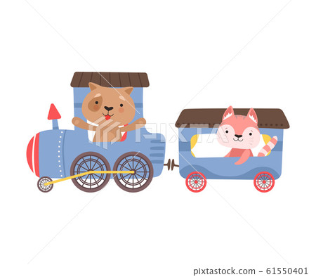 Cheerful Red Cheeked Cats Driving Toy Train Vector Illustration 61550401