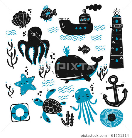 Set of sea creatures and marine sketches 61551314