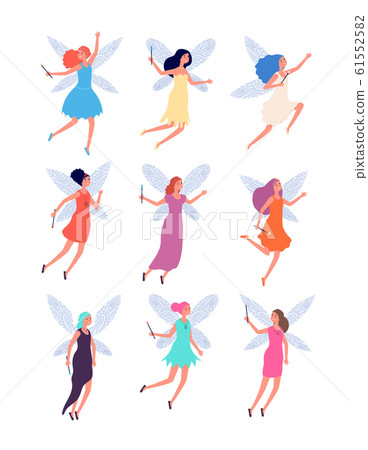 Fairies. Cute magic fairy, tale girls costume. Child fairytale dolls with wings. Isolated female funny elegant mythology vector characters Fairies. Cute magic fairy, tale girls costume. Child fairytale dolls with wings. Isolated female funny elegant mythology vector characters 61552582