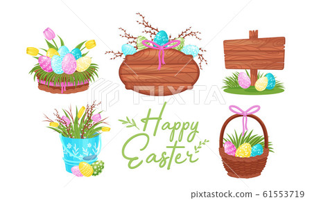 Easter Eggs Resting in Basket and Nest Vector Set Easter Eggs Resting in Basket and Nest Vector Set 61553719