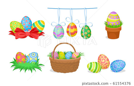 Easter Eggs Resting in Basket and Nest Vector Set Easter Eggs Resting in Basket and Nest Vector Set 61554376