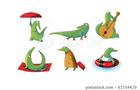 Funny Crocodile Character Pulling Baggage and Doing Yoga Vector Illustrations Set 61554429