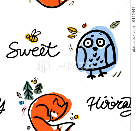 Funny owl and fox vector seamless pattern. 61554434