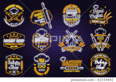 Set of Bakery shop neon bright signboard, light banner. Vector. Concept for badge, shirt. Neon design with rolling pin, dough, wheat ears, lips silhouette. For restaurant identity 61554441