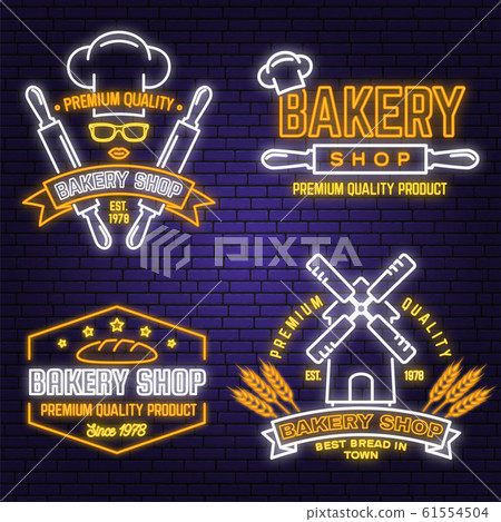 Set of Bakery shop neon bright signboard, light... - Stock Illustration ...