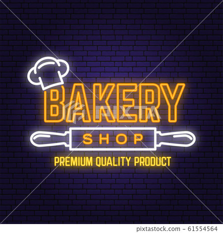 Bakery shop neon bright signboard, light banner. Vector. Concept for badge, shirt, label. Neon typography design with chef hat, text, rolling pin silhouette. Template for restaurant identity Bakery shop neon bright signboard, light banner. Vector. Concept for badge, shirt, label. Neon typography design with chef hat, text, rolling pin silhouette. Template for restaurant identity 61554564