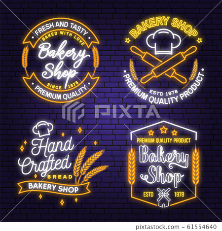 Set of Bakery shop neon bright signboard, light... - Stock Illustration ...