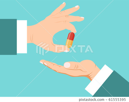 Doctor hand giving pills to patient vector illustration. Pharmacist hands gives tablets patient. Taking pill and treatment concept. Doctor hand giving pills to patient vector illustration. Pharmacist hands gives tablets patient. Taking pill and treatment concept. 61555395
