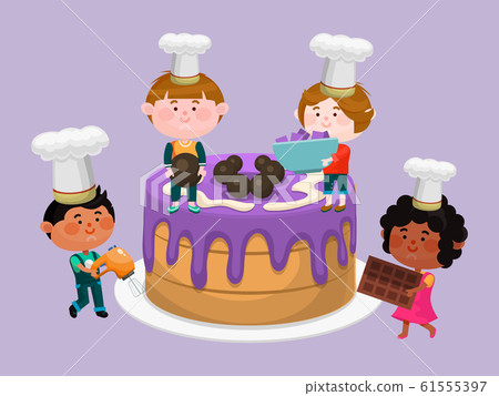 Little chef and big cake vector illustration. Happy kids chefs cooking cupcakes. Bakery, shop advertising banner. Little chef and big cake vector illustration. Happy kids chefs cooking cupcakes. Bakery, shop advertising banner. 61555397