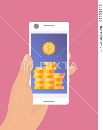 Hand holding mobile smartphone with golden coins on screen vector illustration. Mobile monetization concept. Crypto online commerce Hand holding mobile smartphone with golden coins on screen vector illustration. Mobile monetization concept. Crypto online commerce 61555446